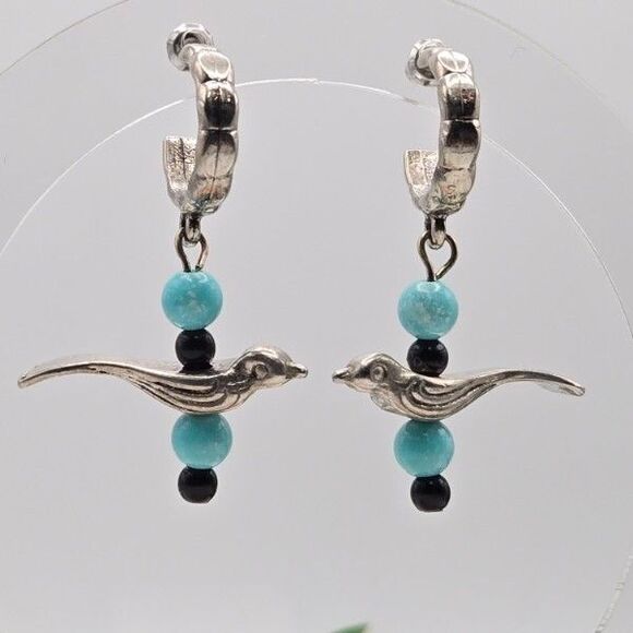 Vintage Silvertone Post Hoops Birds and Blue Beads Drop Dangle Earrings - Picture 1 of 6